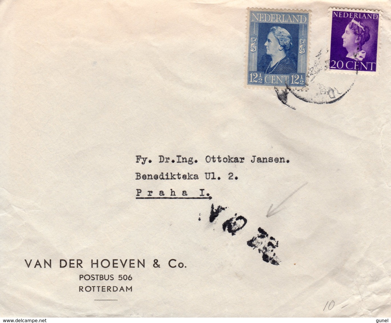 1946 Mengfrankering Wilhelmina Op Firmabrief Van Rotterdam Naar Praag - Brieven En Documenten