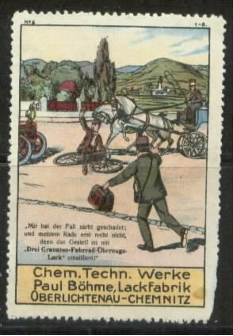 S7773 - DR Werbe Vignette Reklamemarke Böhme Lackfabrik Chemnitz,Fahrrad , Um 1910: Ungebraucht Ohne Gummi. - Vignetten (Erinnophilie)