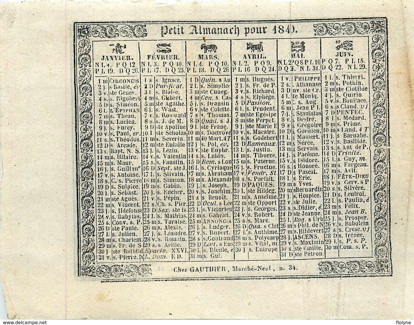Petit Almanach 1840 - Calendrier Calendar - " Chez Gauthier , Marché Neuf , N°34 " - Imprimeur A. Appert - Small : ...-1900
