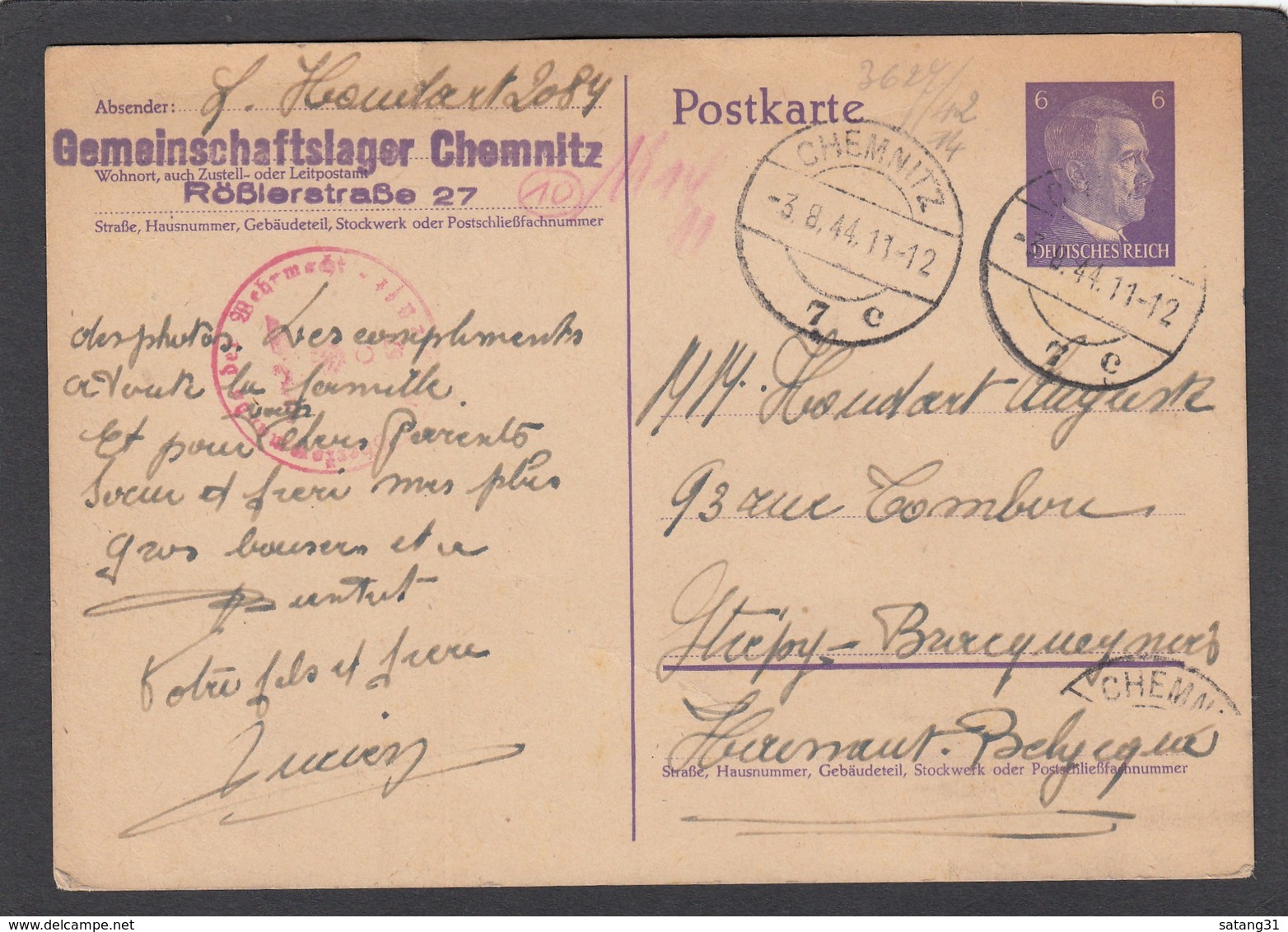 GANZSACHE VOM GEMEINSCHAFTSLAGER CHEMNITZ,MIT ZENSURSTEMPEL,NACH STREPY-BRACQUENIES, HAINAUT-BELGIEN. - Briefe U. Dokumente