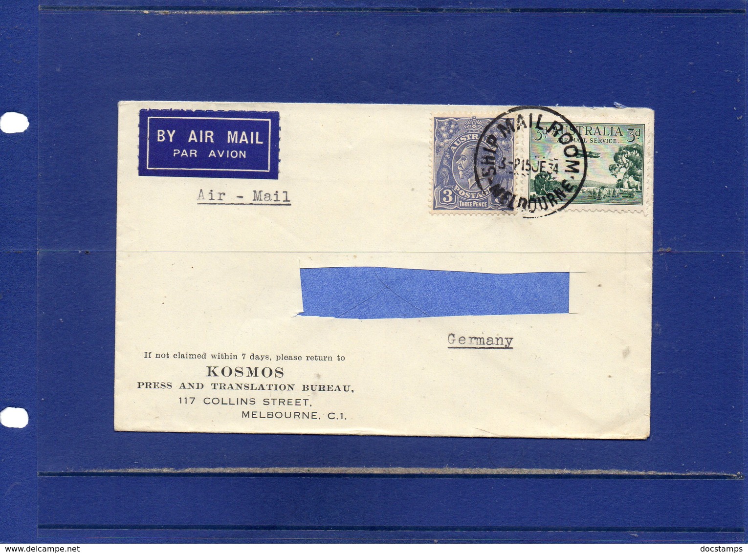 ##(DAN195)-POSTAL HISTORY-Australia 1934-Air Mail Cover From Melbourne, Ship Mail Room Cancel To Germany - Storia Postale