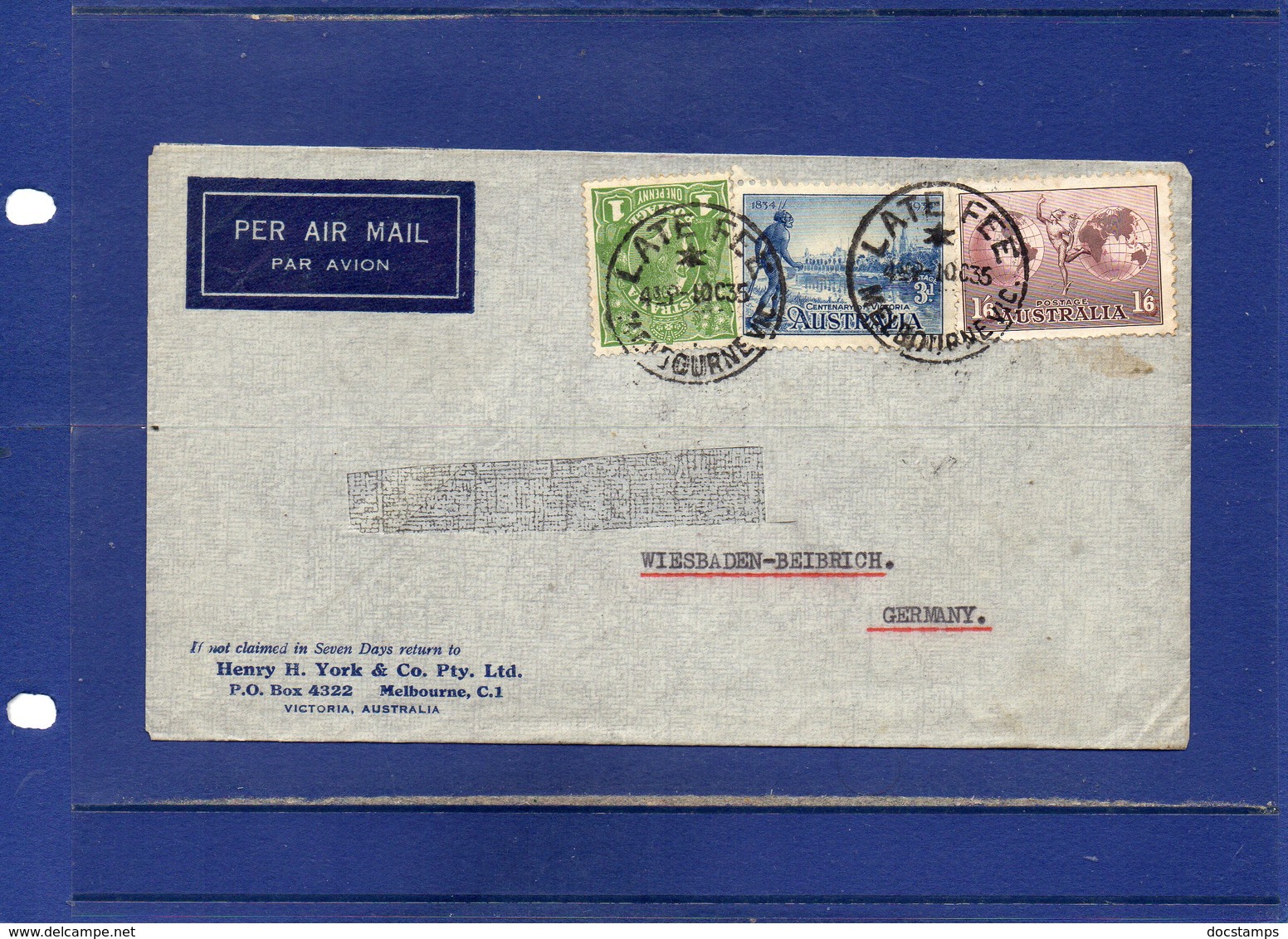 ##(DAN195)-POSTAL HISTORY-Australia 1935-Air Mail Cover From Melbourne, Late Fee Cancel To Germany - Storia Postale