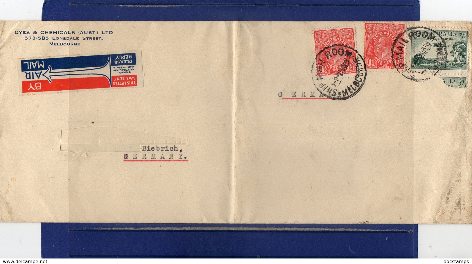 ##(DAN195)-POSTAL HISTORY-Australia 1929-Trans-Australian Air Mail Cover From Melbourne,Ship Mail Room Cancel To Germany - Storia Postale