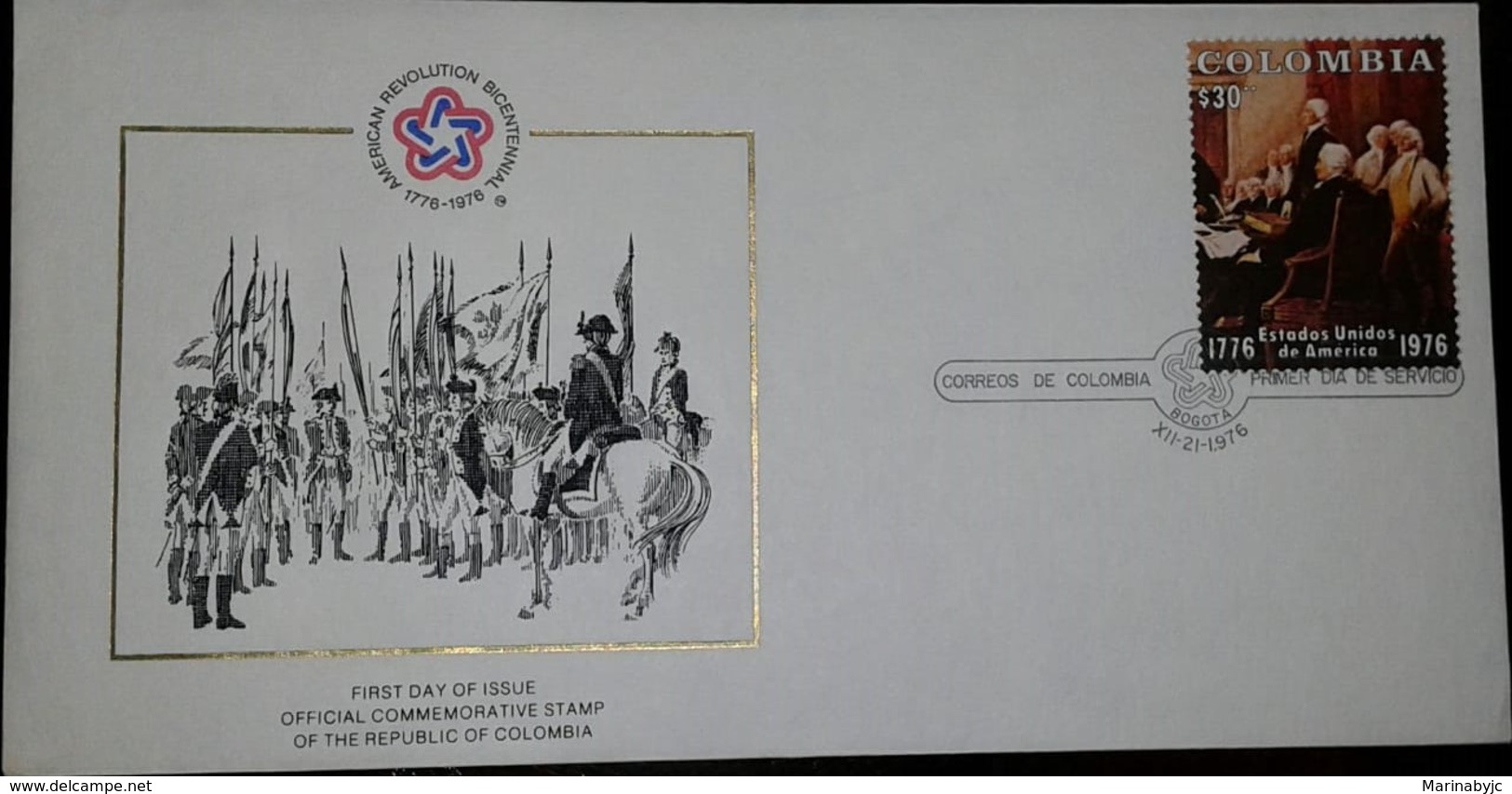 L) 1976 COLOMBIA, AMERICA REVOLUTION BICENTENNIAL, 1776-1976, PEOPLE, BATLLE, HORSE, FDC - Colombia