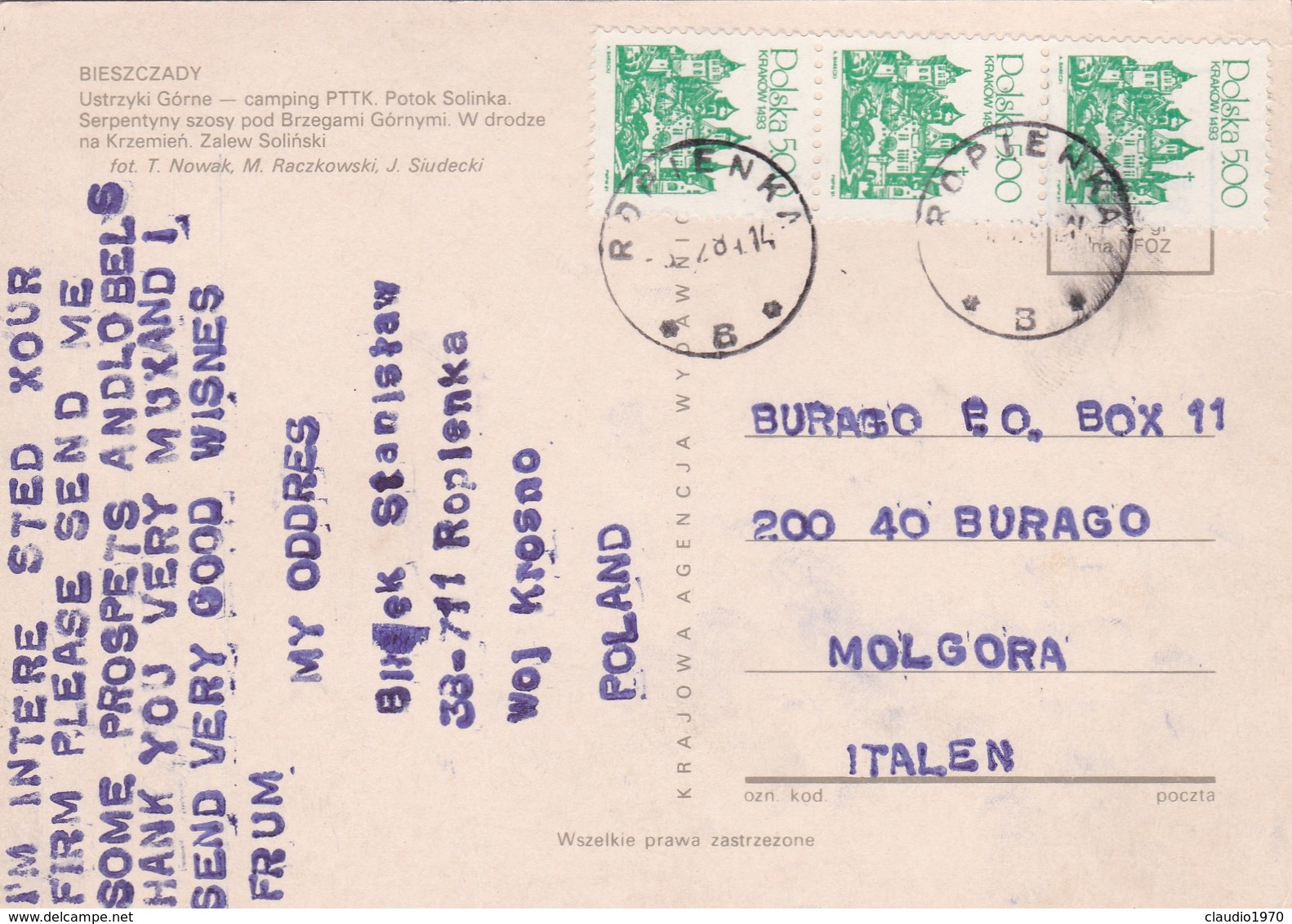 CARTOLINA - POSTCARD - POLONIA  - BIESZCZADY - VIAGGIATA PER ITALY ( ITALIA) - Polonia