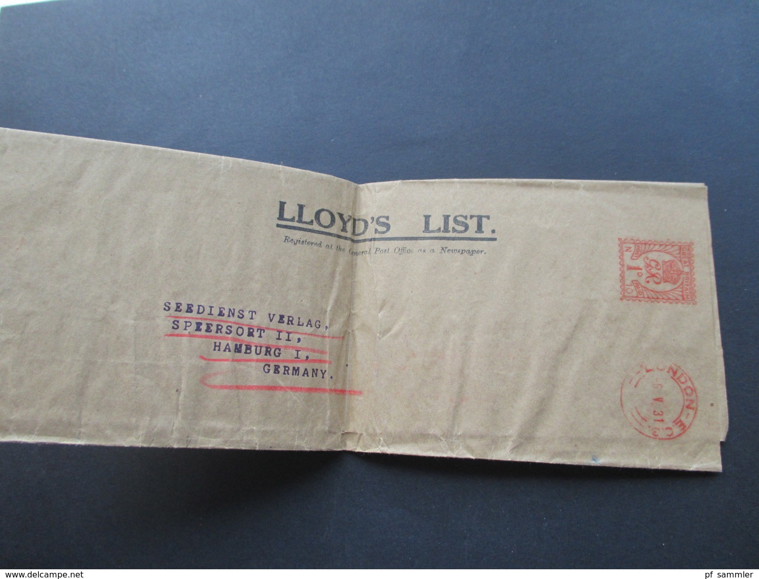 GB 1931 Freistempel London  Post Paid Streifband Lloyd's List An Den Seedienst Verlag In Hamburg I - Covers & Documents