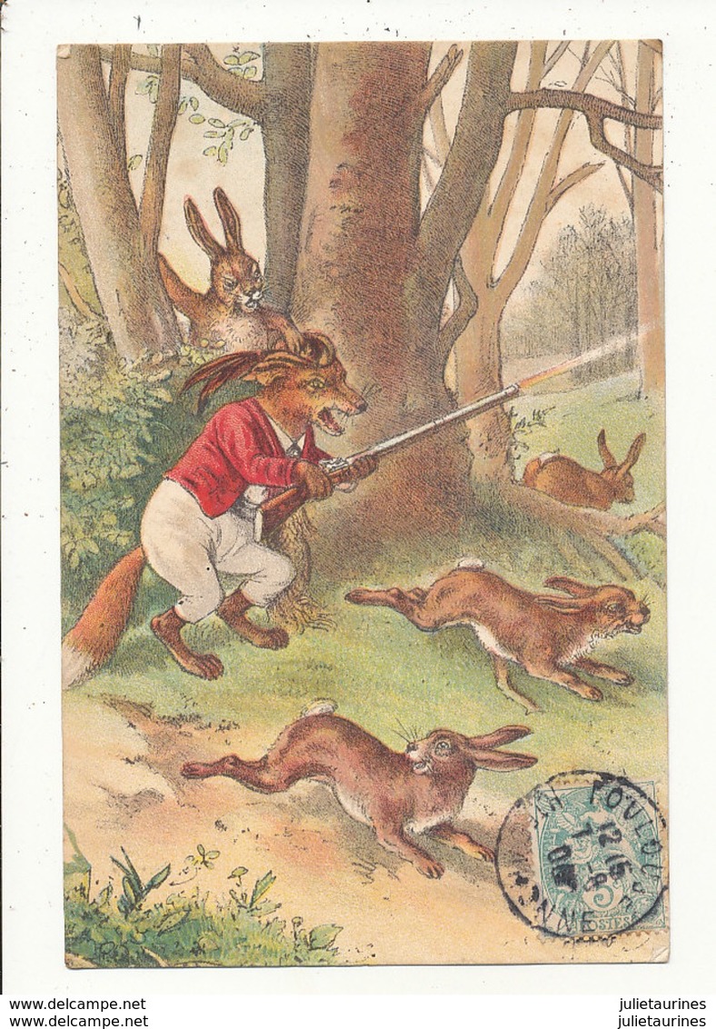 ILLUSTRATEUR HUMOUR CHASSE LAPINS ET RENARD CPA BON ETAT - Animaux Habillés