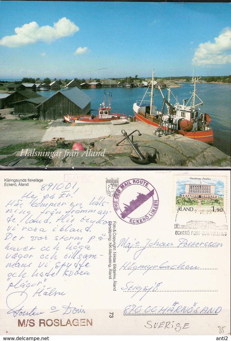 Aland  Postcard Käringsund Fishing, Eckerö  Cancelled Old Mail Route, Eckerö Linjen MS Roslagen 7.10.89 - Aland