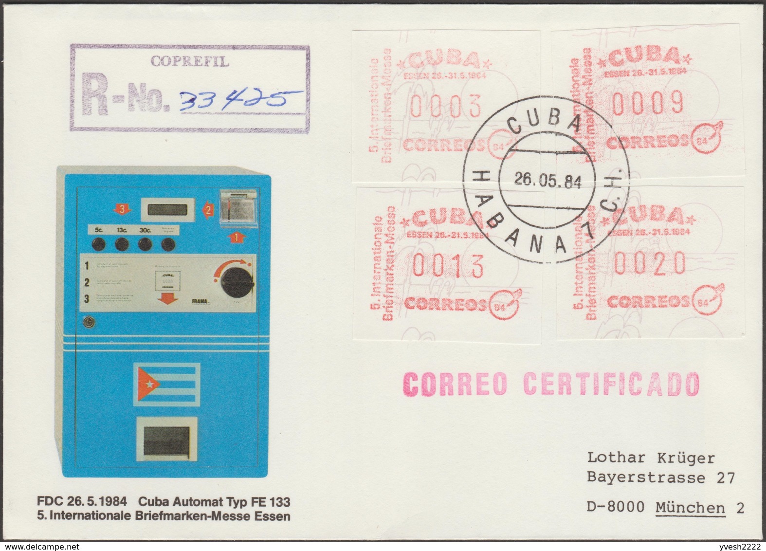 Cuba 1984. Vignettes D'affranchissement Sur FDC Par Recommandé. Exposition Philatélique Essen. Frama - Franking Labels