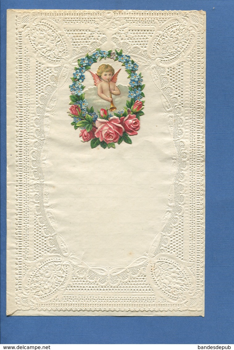 PAPIER À LETTRE Dentelle Deux Pages Agrémenté Chroomo Découpis Angelot Myosotis Roses - Engelen