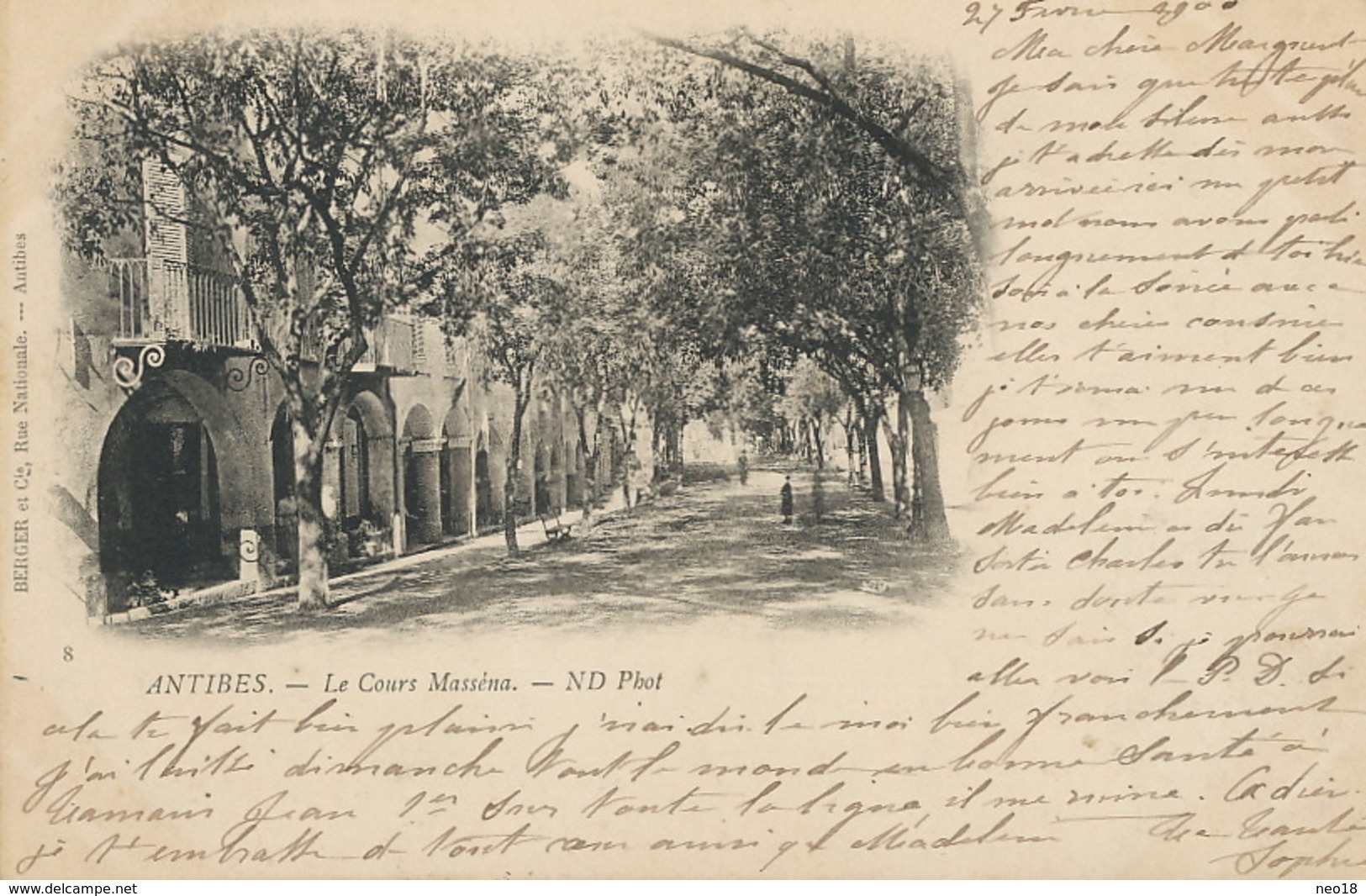 Pionnière Antibes Le Cours Masséna   Edit Berger  Timbrée Type Sage 1900 - Other & Unclassified