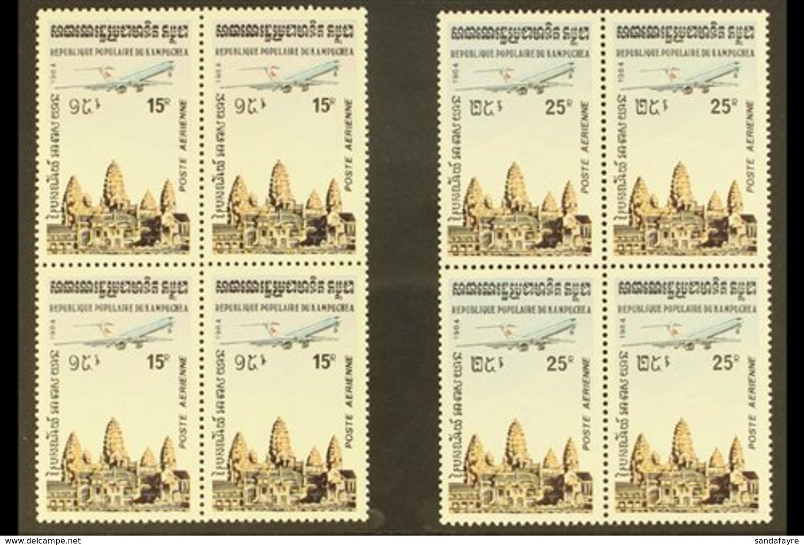 AIRCRAFT CAMBODIA 1984 Air Complete Set (Yvert 32/35, SG 504/07), Superb Never Hinged Mint BLOCKS Of 4, Fresh. (4 Blocks - Non Classés