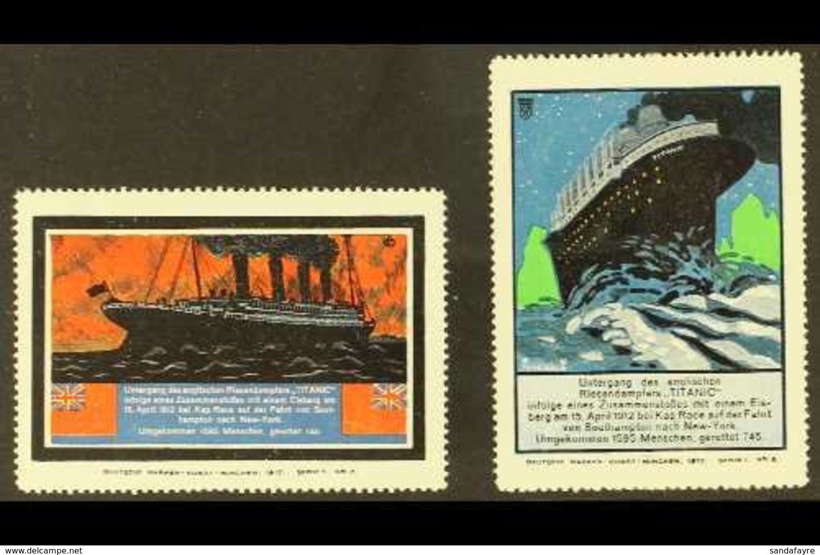 TITANIC Germany 1912 Poster Stamps, Two Different Depicting Dramatic Illustrations Of RMS Titanic With Text In German Be - Unclassified