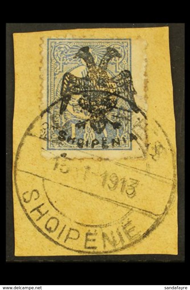 1913 1pi Ultramarine Perf 12 With Double Eagle Overprint (Michel 7, SG 7), Used On Piece Tied By Complete "Durres" Cds C - Albanië