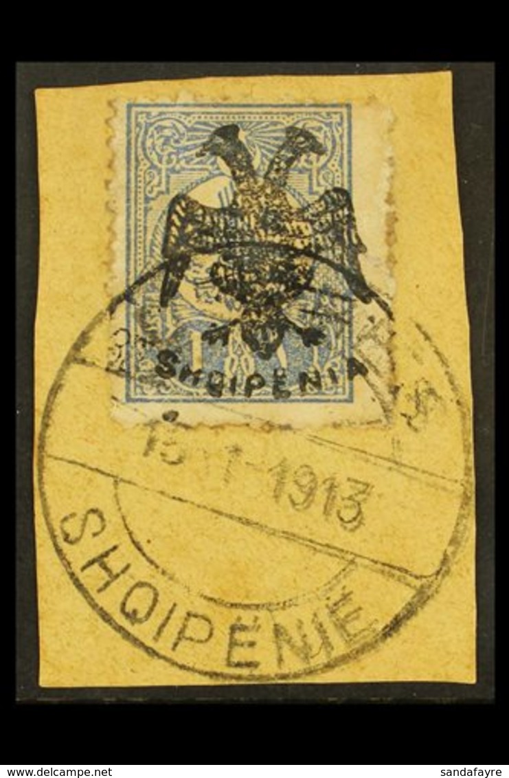 1913 1pi Ultramarine Perf 12 With Double Eagle Overprint (Michel 7, SG 7), Used On Piece Tied By Complete "Durres" Cds C - Albanie