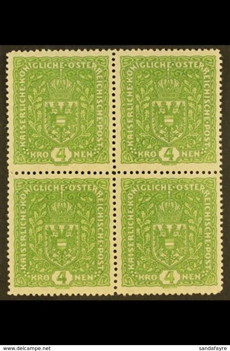 1917 4k Yellowish Green, Perf.12½, 26x29mm, BLOCK OF FOUR, Mi 206 II, Light, Diagonal Crease, Mostly Affecting One Stamp - Other & Unclassified