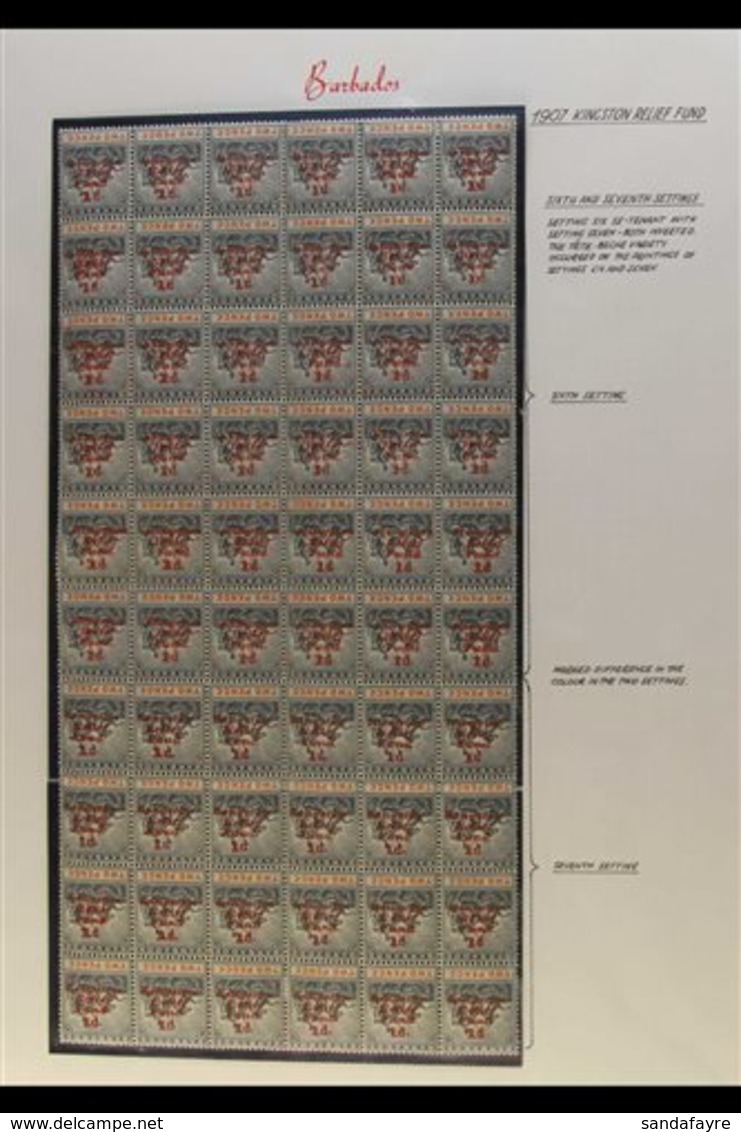 1907 KINGSTON RELIEF FUND, COMPLETE PANE OF SIXTY - Sixth & Seventh Settings In Combination, Ovpt Inverted, No Stop Afte - Barbades (...-1966)