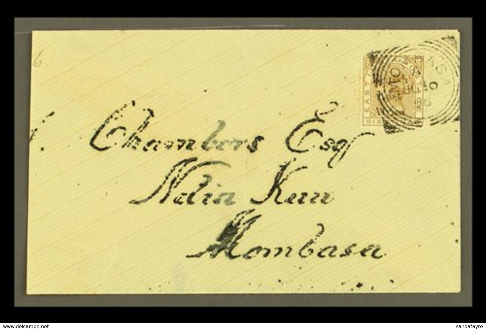 1896 (June) An Attractive "Chambers" Envelope Bearing Overprinted Indian 6a SG 56, Tied By Neat Upright Mombasa Squared  - Africa Orientale Britannica