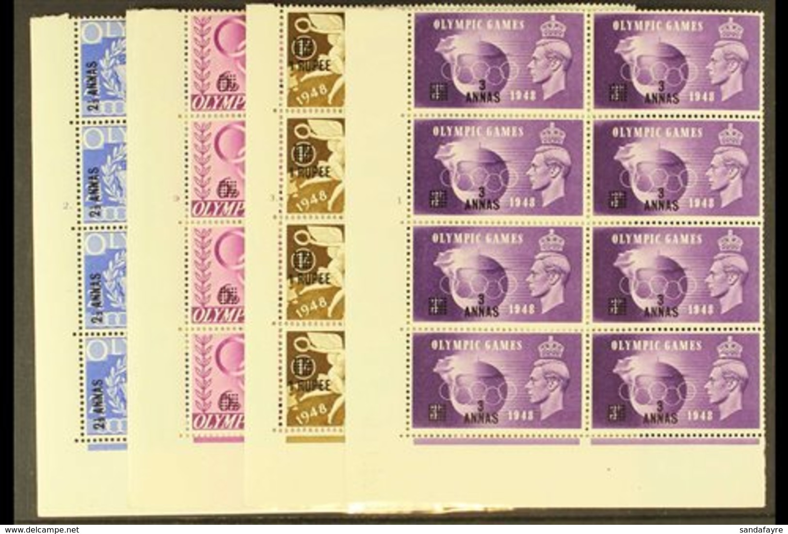 1948 Olympic Games Cylinder Blocks Of 8 Set, SG 27/30, 3a On 3d With "Crown Flaw" (SG 28a), 1r On 1s With Small Corner C - Bahrein (...-1965)