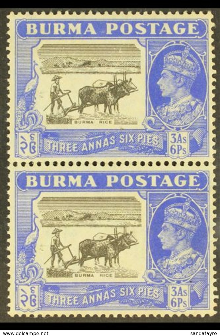 1946 3a6p Black And Ultramarine With CURVED PLOUGH HANDLE In Vertical Pair With Normal, SG 57ba+57b, Mint. For More Imag - Burma (...-1947)