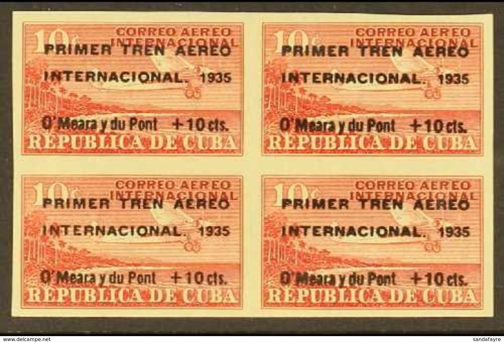 1935 AIR Miami-Havana "Air Train" 10c+10c Scarlet Imperf (Sc C17, SG 400A), BLOCK OF FOUR Never Hinged Mint. For More Im - Altri & Non Classificati