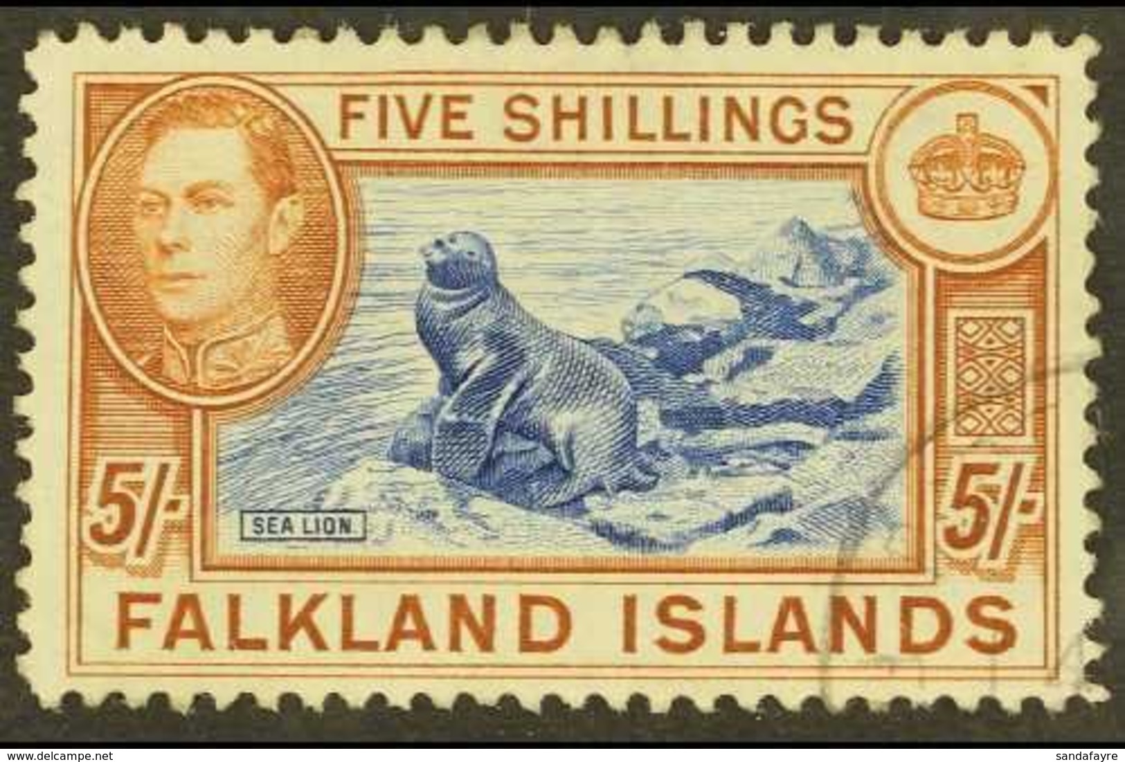 1938-50 KGVI Definitive 5s Steel Blue And Buff-brown (thin Paper), SG 161d, Fine Used. For More Images, Please Visit Htt - Falklandinseln