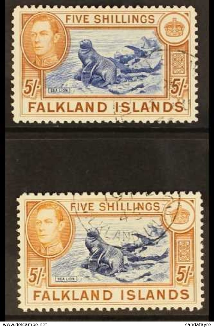 1938-50 KGVI 5s Blue & Chestnut, SG 161 & 5s Indigo & Pale Yellow Brown, SG 161b, Very Fine, Cds Used (2 Stamps) For Mor - Falkland