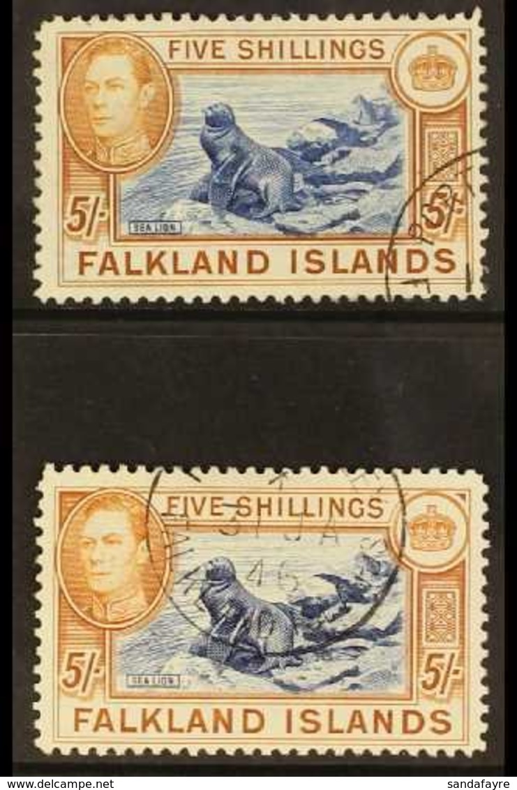 1938-50 KGVI 5s Blue & Chestnut, SG 161 & 5s Indigo & Pale Yellow Brown, SG 161b, Very Fine, Cds Used (2 Stamps) For Mor - Falkland Islands