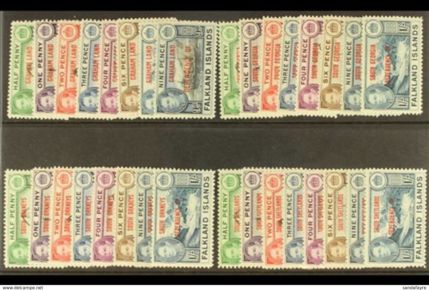 1944-45 Graham Land, South Georgia, South Orkneys And South Shetlands Overprints Complete Set, SG A1/8, B1/8, C1/8 & D1/ - Falkland