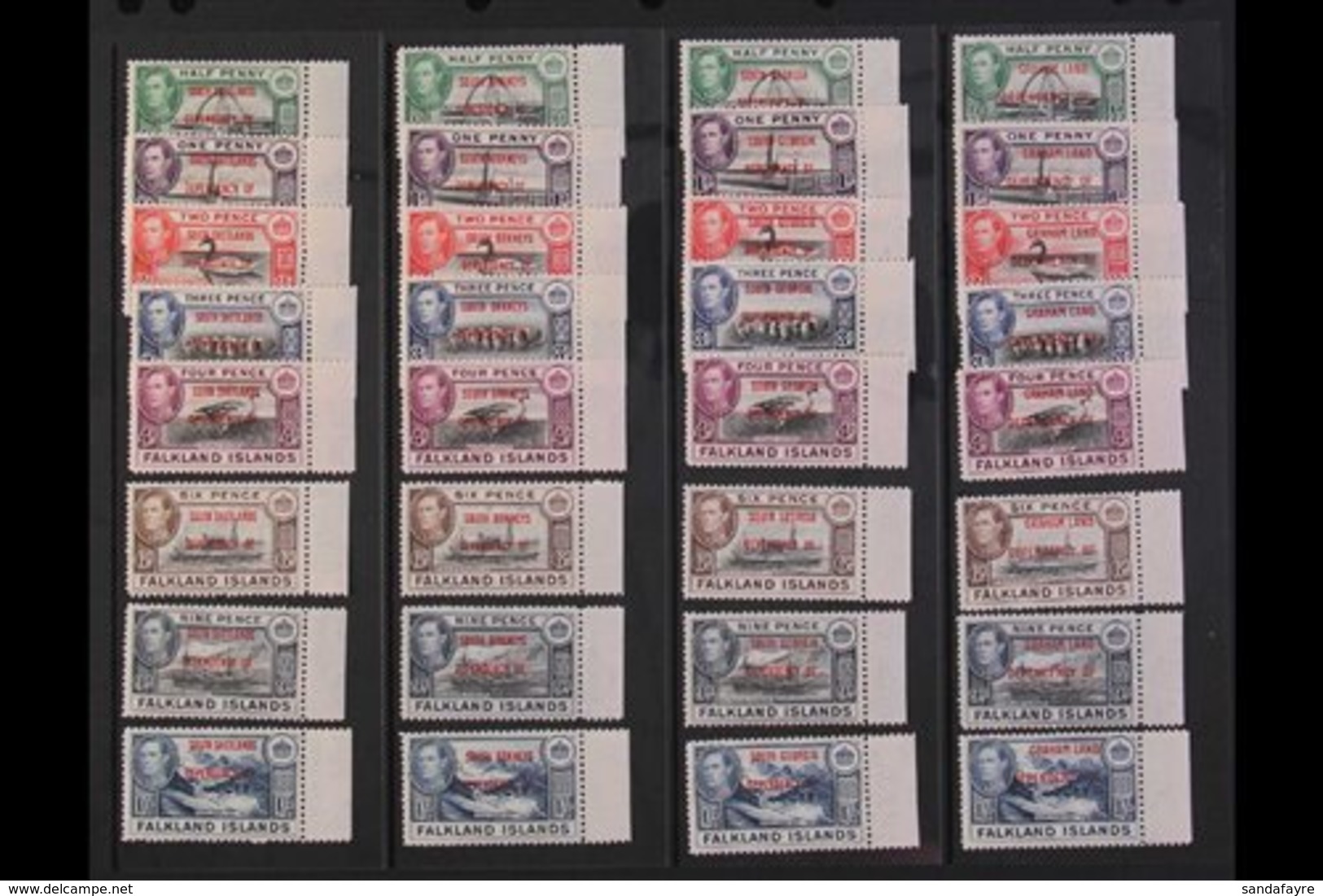 1944-45 OVERPRINTED SETS. ALL Four Overprinted Sets For Each Dependency, SG A1/D8, Matching Marginal Examples, Never Hin - Falkland