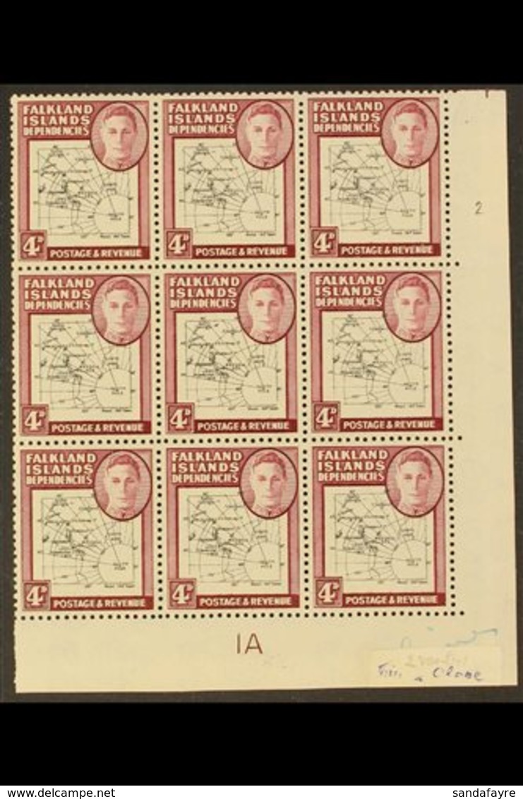 1946-49 4d Black & Claret Thick Map, SG G5, Never Hinged Mint Lower Right Corner Plate Numbers BLOCK Of 9 With 'SOUTH PO - Falkland Islands