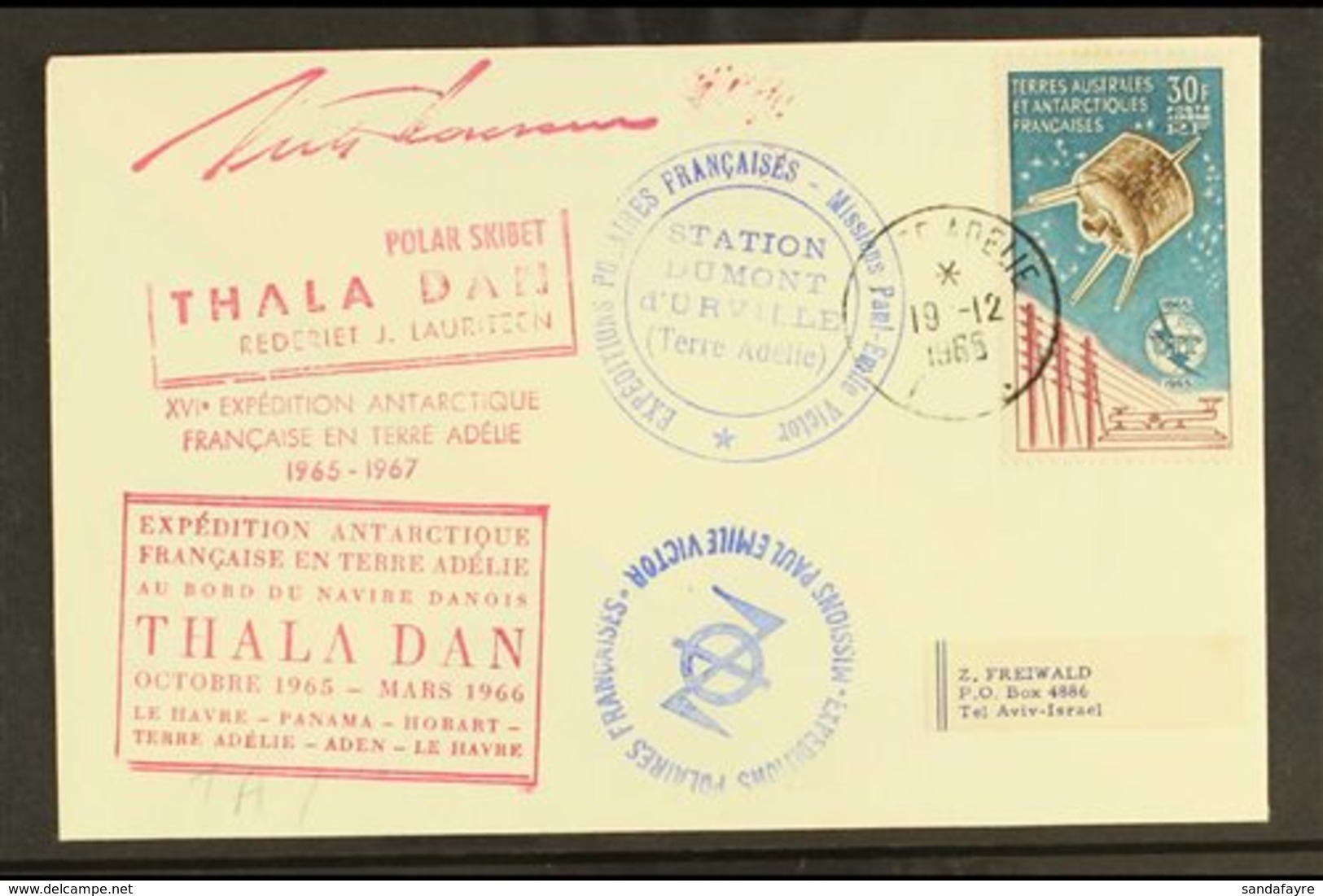 TAAF 1965 (19 Dec) Envelope To Israel Bearing UIT 30f Air Stamp (Maury 9) Tied Neat Terre Adelie Cds, Thala Dan Ship And - Other & Unclassified