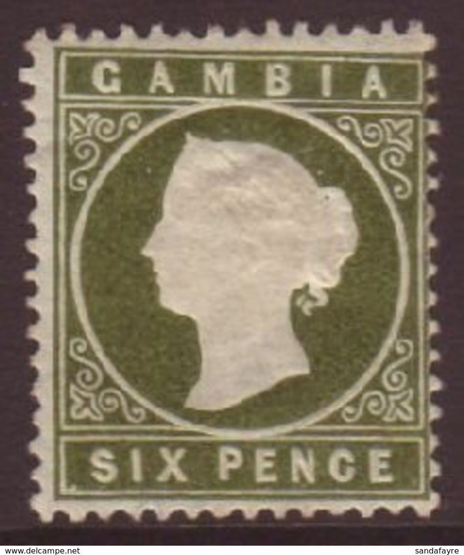 1886-93 6d Yellowish Olive-green, "Sloping Label" Variety, SG 32a, Fine Mint. For More Images, Please Visit Http://www.s - Gambie (...-1964)