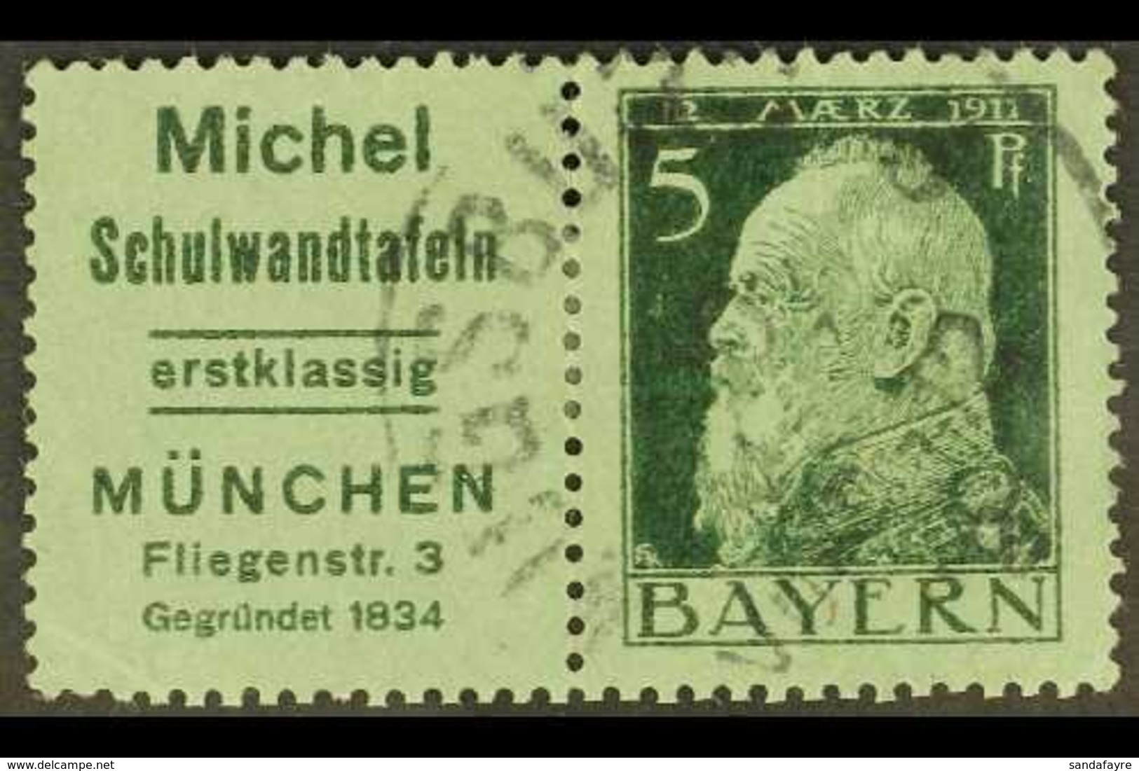 BAVARIA 1911 Michel Advert Label+5pf Green On Green Type III Horizontal SE-TENANT PAIR, Michel W 1.8, Finely Cds Used, M - Sonstige & Ohne Zuordnung