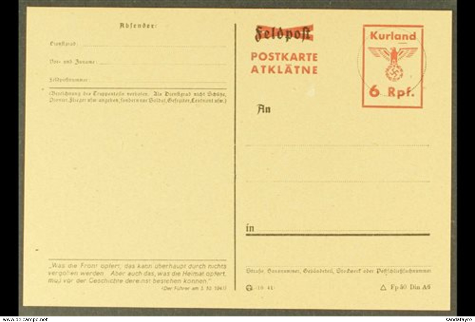 KURLAND 1945 "6 Rpf." Postal Stationery Postal Card With Red "Postkarte / Atklatne" Overprint And Fuhrer Quote From 3/10 - Sonstige & Ohne Zuordnung