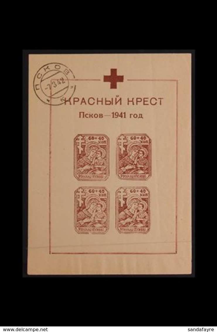 PLESKAU 1942 (28 Feb) German Red Cross Miniature Sheet With Watermark, Michel Block 2X, Used With Pleskau Cds Of 7 March - Sonstige & Ohne Zuordnung