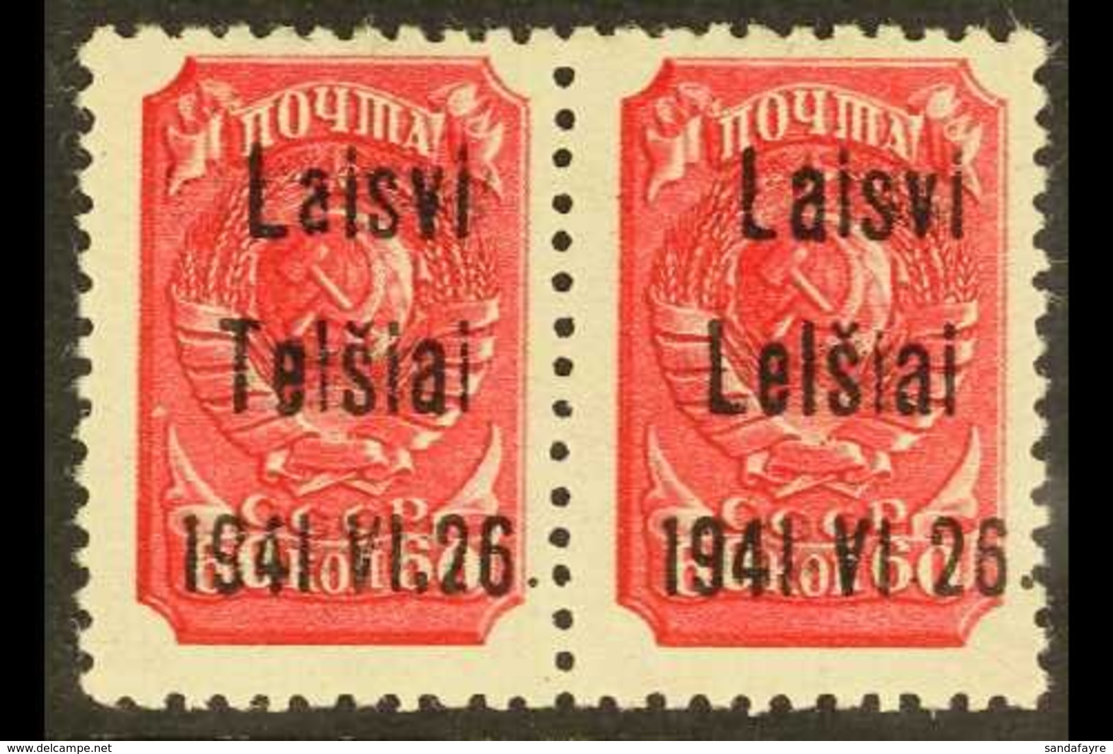 TELSIAI (TELSCHEN) 1941 60k Lilac- Red With Type III Overprint Horizontal Pair, One With "L" FOR "T" On 2nd Line Error,  - Other & Unclassified