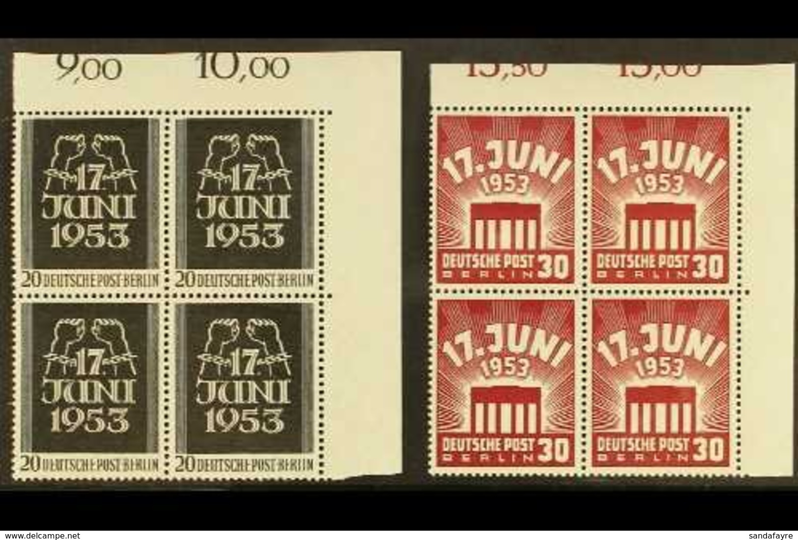 1953 East German Uprising Complete Set (Michel 110/11, SG B110/11), Never Hinged Mint Matching Upper Right Corner BLOCKS - Andere & Zonder Classificatie