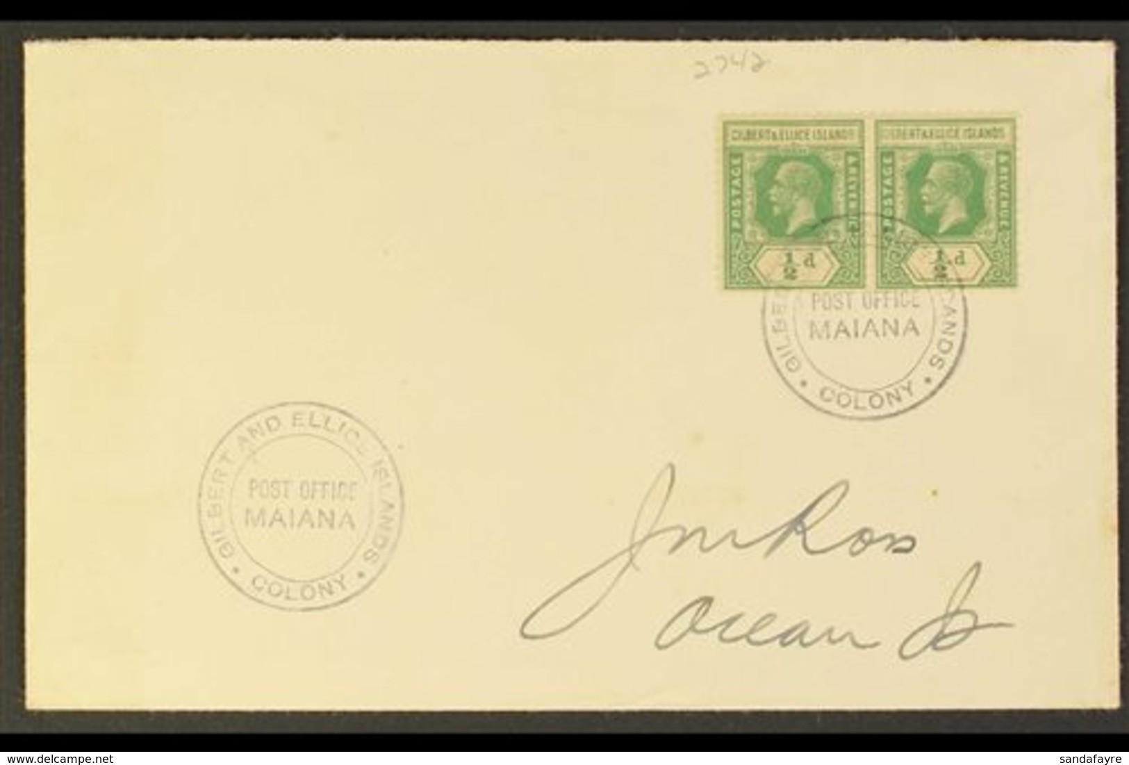 MAIANA 1938 (Dec) Envelope To Ocean Is Bearing KGV ½d Pair Tied By Fine Post Office Maiana Double Ring Undated Cds, Arri - Îles Gilbert Et Ellice (...-1979)