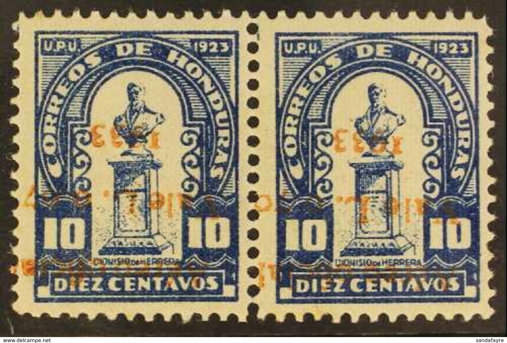 1933 VARIETY PAIR. 70c On 10c Blue Air Post Official Without "Oficial" Overprint With INVERTED OVERPRINT Variety, Sanabr - Honduras