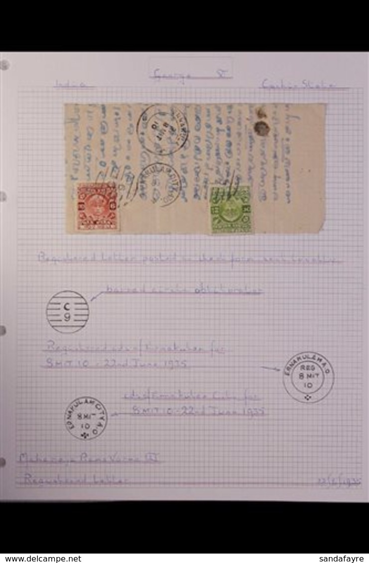 COCHIN POSTAL HISTORY GROUP 1935-49 Covers & Postal Stationery Items, Incl. 1935 Piece Folded And Stamps Affixed With Re - Sonstige & Ohne Zuordnung