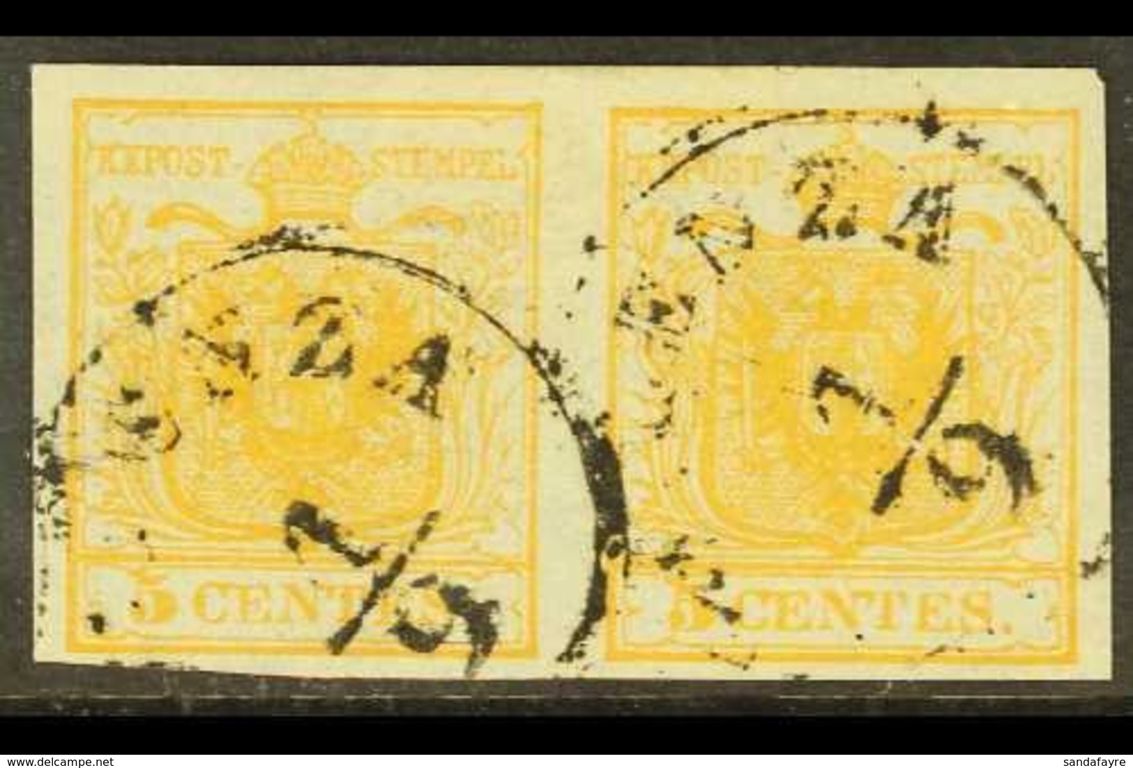 LOMBARDY VENETIA 1850 5c Pale Yellow Orange, Sass 1g, Superb Used Pair. For More Images, Please Visit Http://www.sandafa - Non Classés