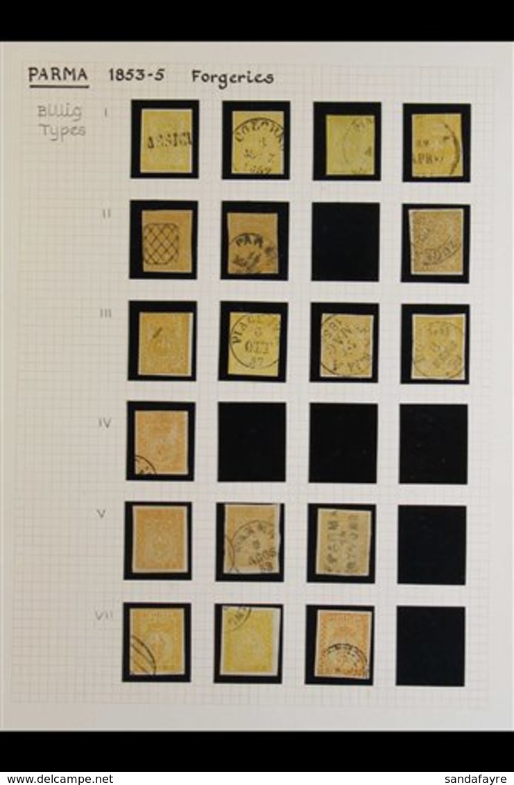 PARMA FORGERIES 1853-5 Issue, Interesting Collection Written Up On Leaves And Arranged By Billig Types From 5c To 25c, B - Unclassified