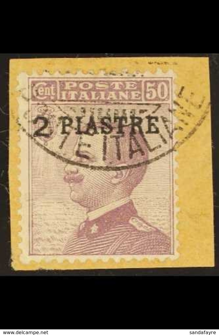 ITALIAN POST OFFICE IN CONSTANTINOPLE 1908 2pi On 50c Violet, Sassone 5, Very Fine Used, Well-centered & Tied To Piece B - Sonstige & Ohne Zuordnung