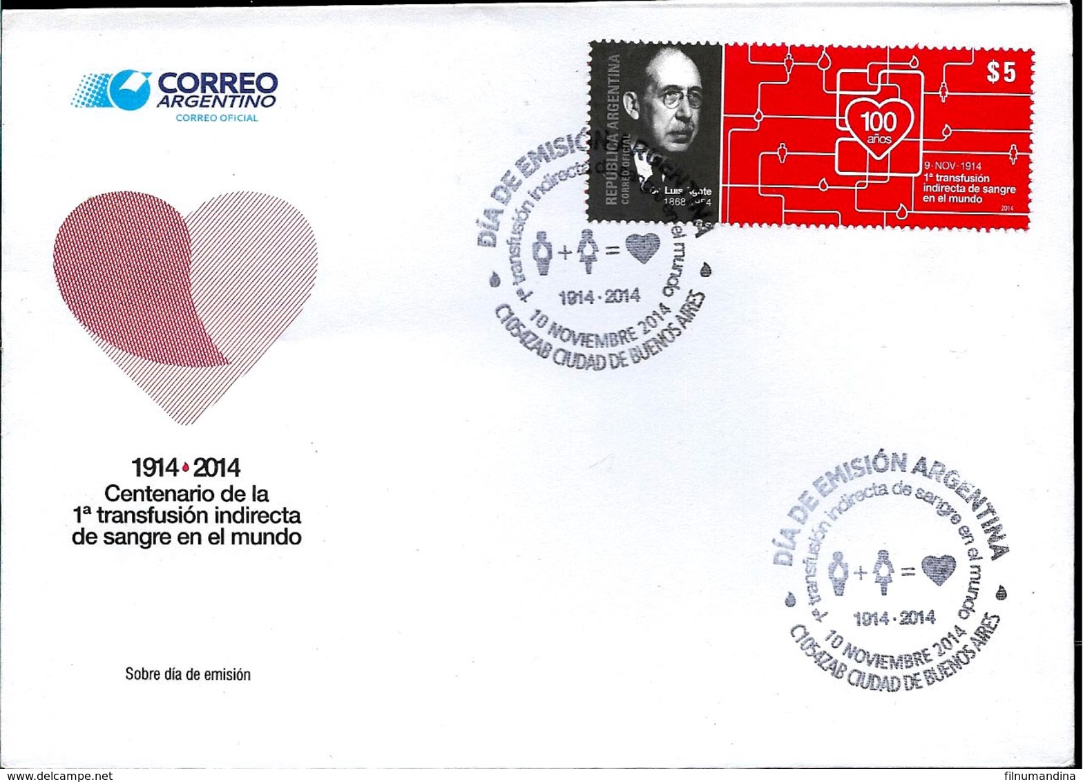 ARGENTINA ARGENTINE 2014 MEDICIN BLOOD TRANFUSION DR AGOTE  YV 3067 GJ 4074 FDC - Nuevos