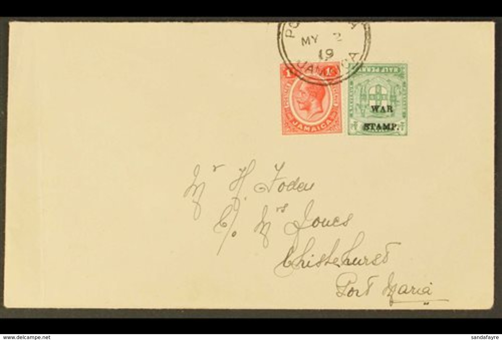 1919 (May 2) Local Cover Bearing KGV 1d Scarlet Plus ½d Blue-green War Stamp With OVERPRINT INVERTED (SG 73d), Tied By P - Giamaica (...-1961)