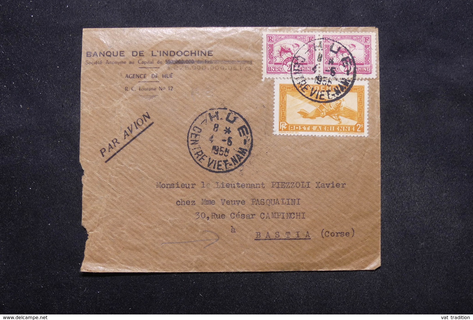 INDOCHINE - Enveloppe Commerciale De Hue Pour Bastia En 1958, Affranchissement Plaisant - L 27739 - Lettres & Documents