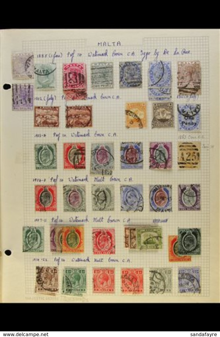 1863-1952 USED COLLECTION Presented On "Busy" Old Interleaved Pages. Includes QV To 1s Shades, KEVII To Various 1s, KGV  - Malte (...-1964)