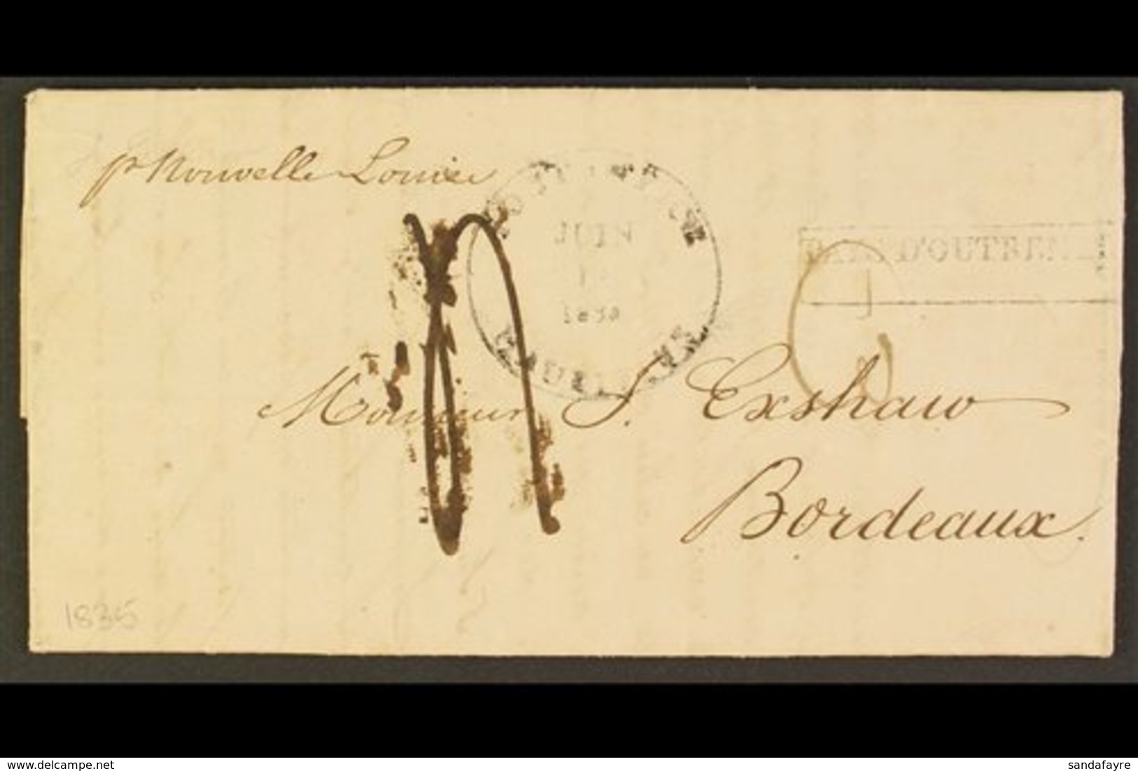 1835 (3 Jun) EL Written At Port Louis To Bordeaux Bearing A Fair Strike Of A Previously Unknown "POST OFFICE / JUIN 10 1 - Maurice (...-1967)
