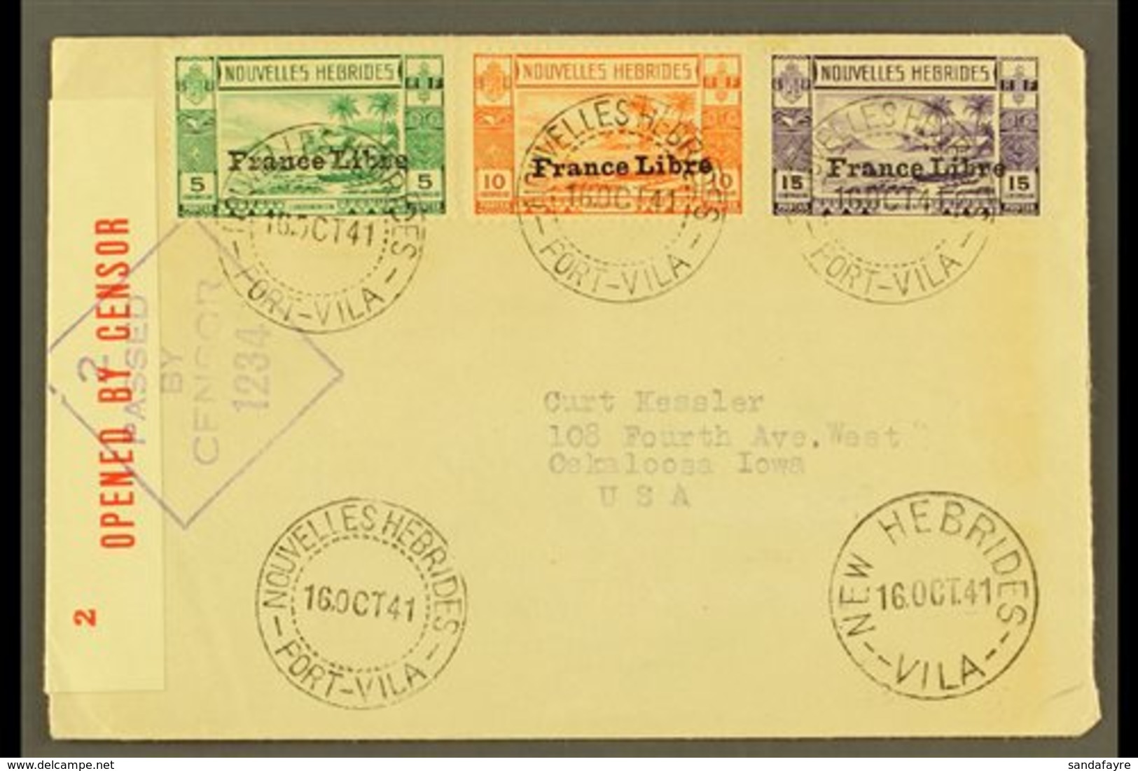 FRENCH 1941 (16 June) Censored Cover (home-made Re-used Envelope) To USA Bearing 1941 5c, 10c & 15c "France Libre" Overp - Sonstige & Ohne Zuordnung